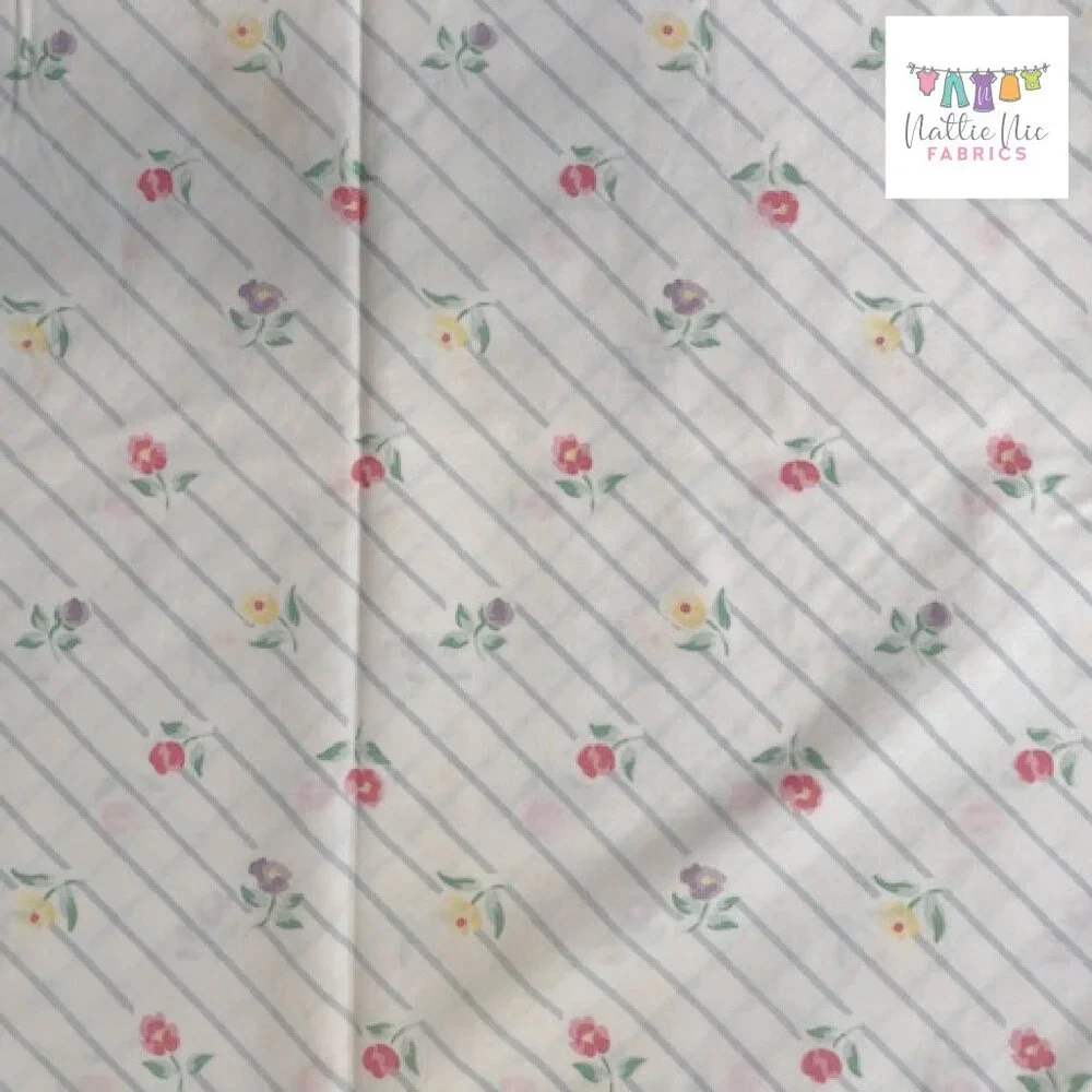 Vintage Queen Size Flat sheet in beautiful diagonal stripe rose floral, JC Penne